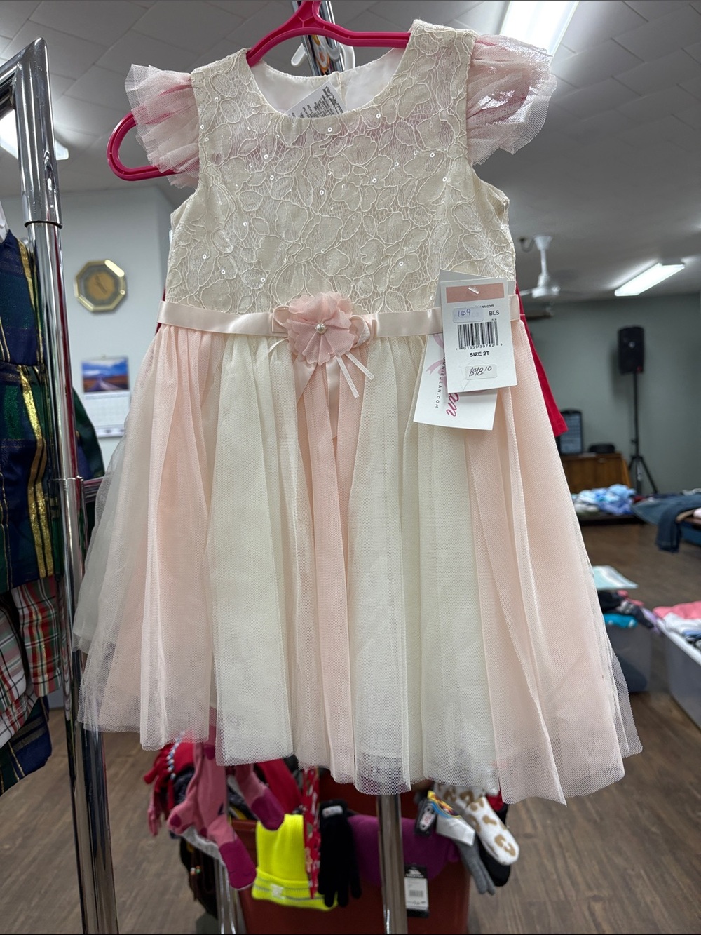 Bonnie Jean Pink and Cream Floral Lace Tulle Dress